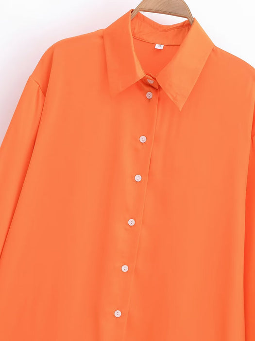 Color-Women Clothing French Collared Loose All Matching Graceful Orange Long Sleeve Shirt-Fancey Boutique