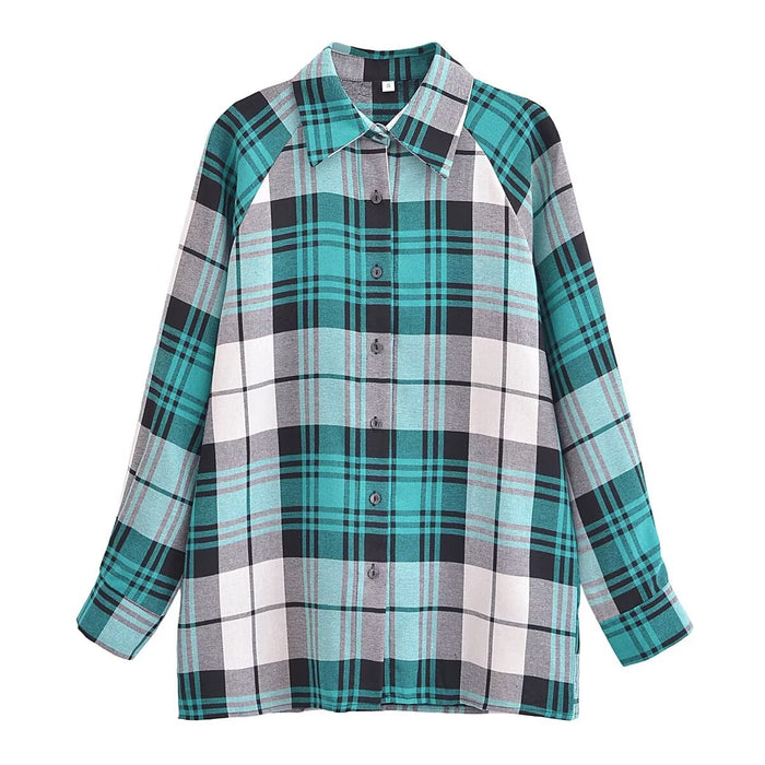 Color-Winter Women Clothing Casual Loose Plaid Long Sleeve Shirt Top-Fancey Boutique