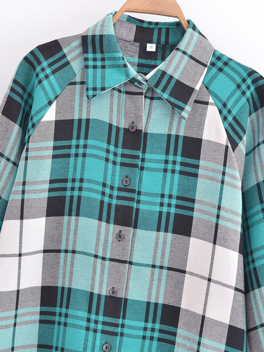 Color-Winter Women Clothing Casual Loose Plaid Long Sleeve Shirt Top-Fancey Boutique