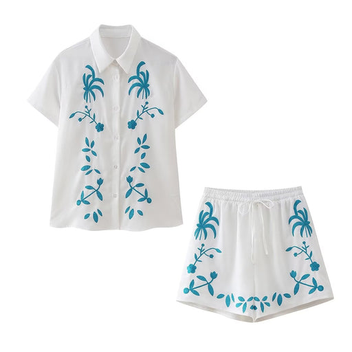 Color-Women Clothing Fashionable Embroidered Short Sleeved Shirt Pull out Shorts Two Piece Set-Fancey Boutique