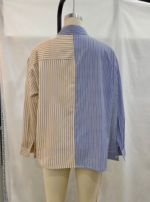 Color-Spring Summer Women Patchwork Stripes Shirt-Fancey Boutique