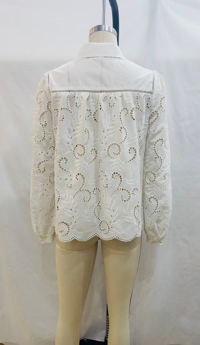 Color-Summer Women White Crochet Long Sleeve Collared Shirt-Fancey Boutique