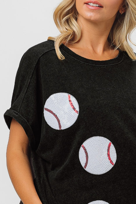 Color-Spring Summer Baseball Game Sequined T shirt Women Sequin Short Sleeve Outerwear Top-Fancey Boutique