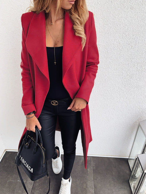 Color-Red-Popular Solid Color Polo Collar Mid-length Lace-up Woolen Coat Trench Coat For Women-Fancey Boutique