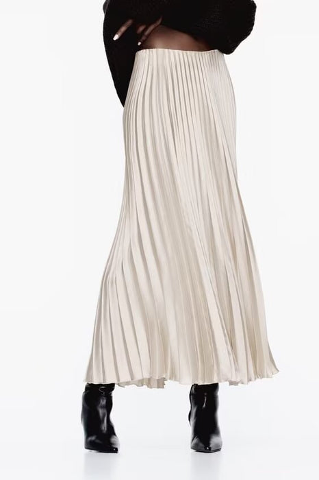 Color-Women Elegant Slightly Mature Silk Satin Pleated Skirt-Fancey Boutique