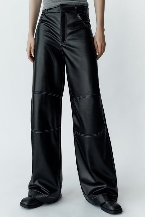 Color-Fall Women Clothing High Waist Decorative Faux Leather Pants Trousers-Fancey Boutique