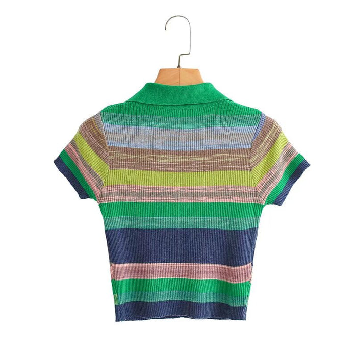 Color-Women Stripes Knitted Short Sleeved Shirt-Fancey Boutique