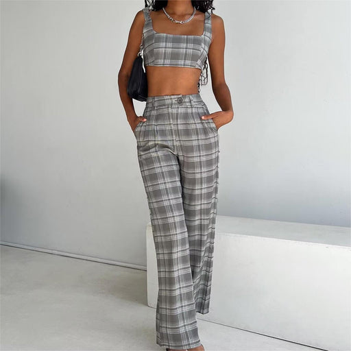 Color-Women Urban Plaid Suspender Trousers Two Piece Suit-Fancey Boutique