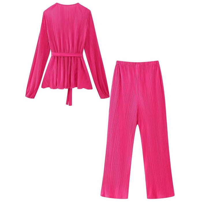 Color-Spring Autumn V neck Lace up Waist Trimming Shirt High Waist Slimming Wide Leg Pants Suit for Women-Fancey Boutique
