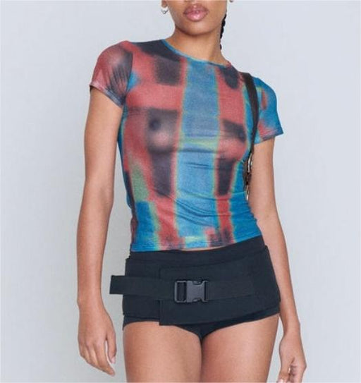 Color-Summer Street Hipster See through Sexy Phantom Blue High Elastic Mesh Printed T shirt-Fancey Boutique