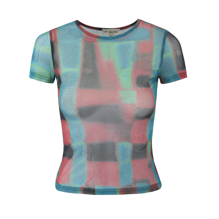 Color-Summer Street Hipster See through Sexy Phantom Blue High Elastic Mesh Printed T shirt-Fancey Boutique