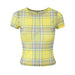 Color-Summer Women Round Neck Yellow Grid High Elastic Mesh Printed T Shirt Top-Fancey Boutique