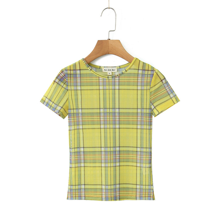 Color-Summer Women Round Neck Yellow Grid High Elastic Mesh Printed T Shirt Top-Fancey Boutique