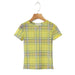Color-Summer Women Round Neck Yellow Grid High Elastic Mesh Printed T Shirt Top-Fancey Boutique