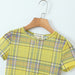 Color-Summer Women Round Neck Yellow Grid High Elastic Mesh Printed T Shirt Top-Fancey Boutique