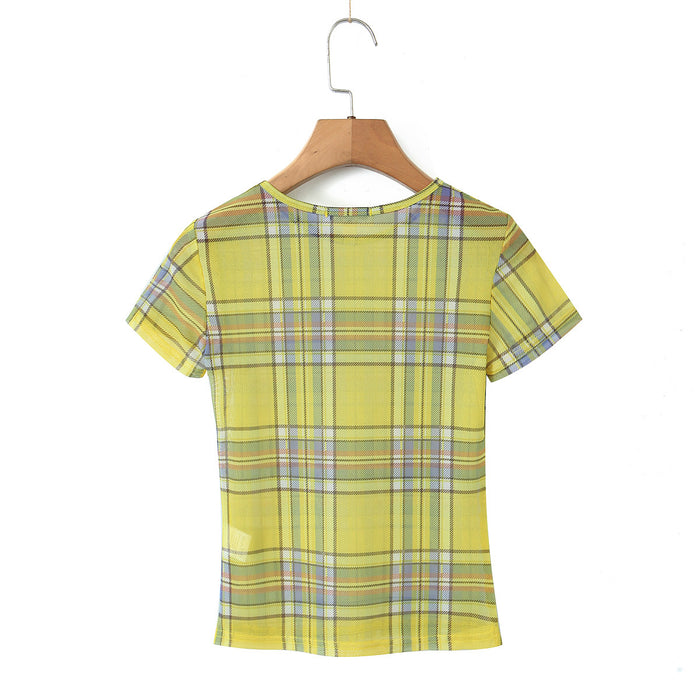 Color-Summer Women Round Neck Yellow Grid High Elastic Mesh Printed T Shirt Top-Fancey Boutique