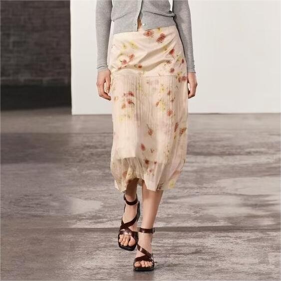 Color-Spring Women Slim High Waist Transparent Floral Print Midi Dress-Fancey Boutique