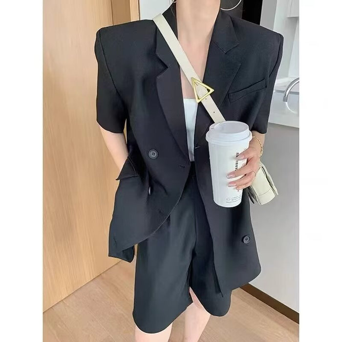 Color-Korean Casual Suit Women Summer College Short Sleeve Blazer Small Shorts Two Piece Set-Fancey Boutique