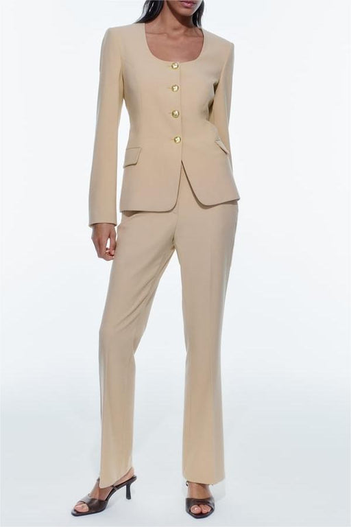 Color-Women round Neck Blazer High Waist Flared Pants Suit-Fancey Boutique
