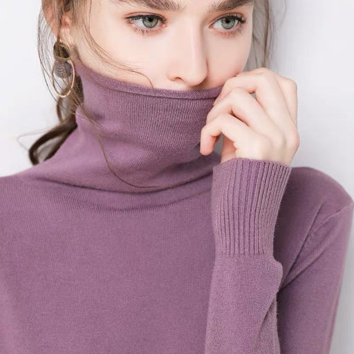 Color-Sweater Women Autumn Winter Pile Turtleneck Pullover Women Long Sleeve Solid Color Oversized Knit Bottoming Shirt-Fancey Boutique