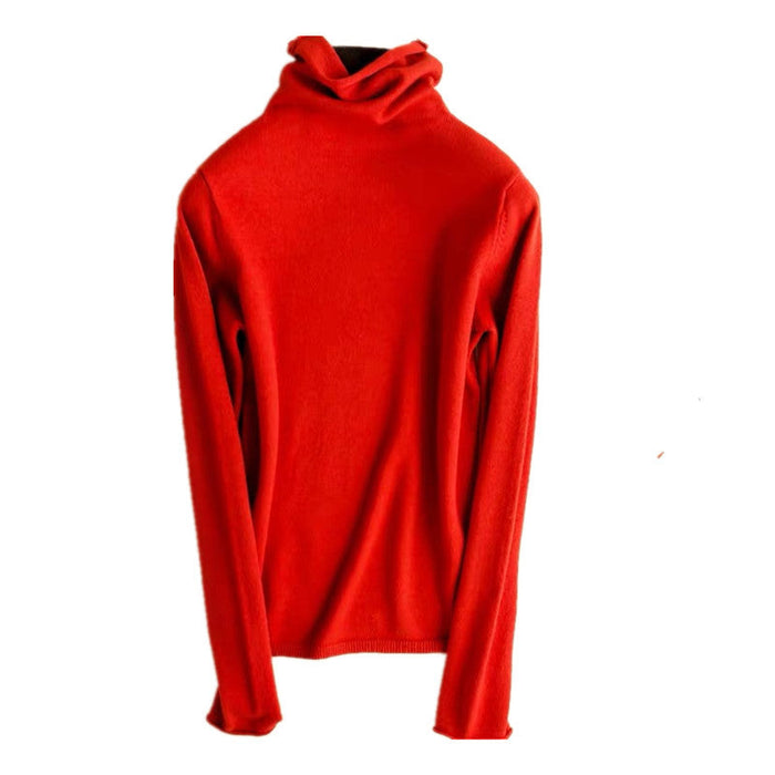 Color-Red-Sweater Women Autumn Winter Pile Turtleneck Pullover Women Long Sleeve Solid Color Oversized Knit Bottoming Shirt-Fancey Boutique