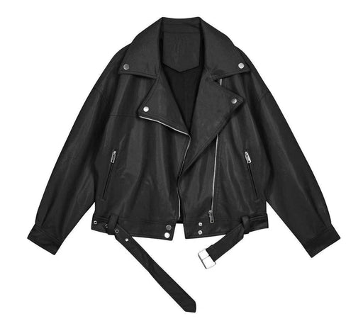 Color-Black-Motorcycle Leather Coat for Women Autumn Tailored Collar Korean Loose Boyfriend Handsome Faux Leather Jacket Short Coat-Fancey Boutique