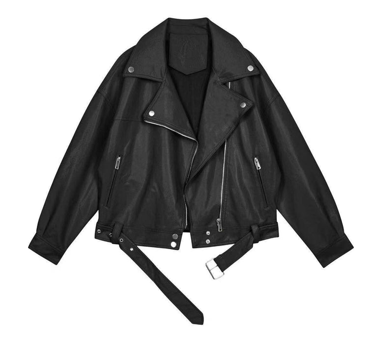 Color-Black-Motorcycle Leather Coat for Women Autumn Tailored Collar Korean Loose Boyfriend Handsome Faux Leather Jacket Short Coat-Fancey Boutique