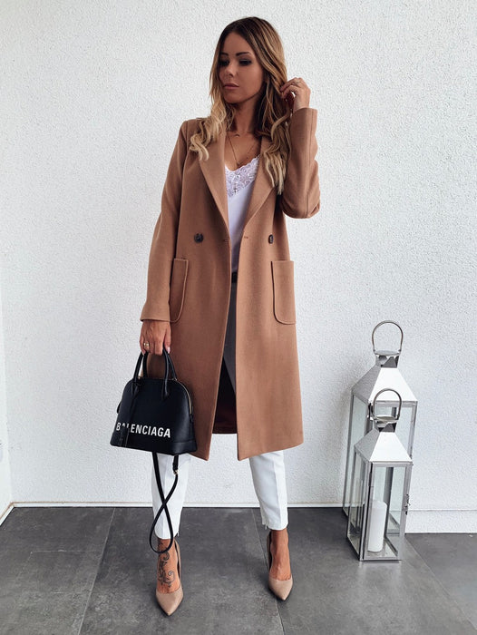 Color-Khaki-Popular Autumn Winter Solid Color Long Sleeve Double Pocket Collar Woolen Coat For Women Plus Size-Fancey Boutique