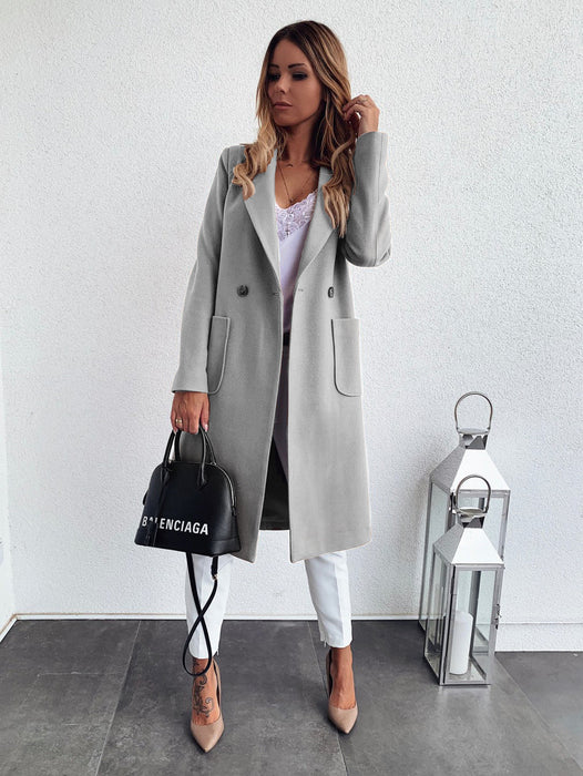 Color-Popular Autumn Winter Solid Color Long Sleeve Double Pocket Collar Woolen Coat For Women Plus Size-Fancey Boutique