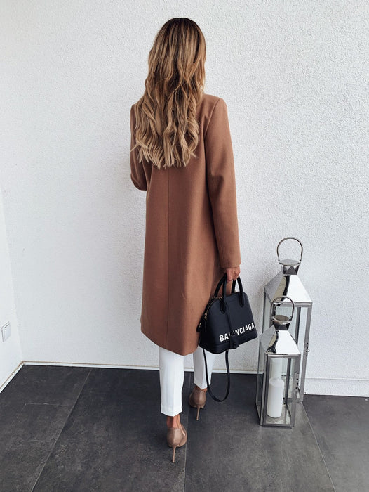 Color-Popular Autumn Winter Solid Color Long Sleeve Double Pocket Collar Woolen Coat For Women Plus Size-Fancey Boutique