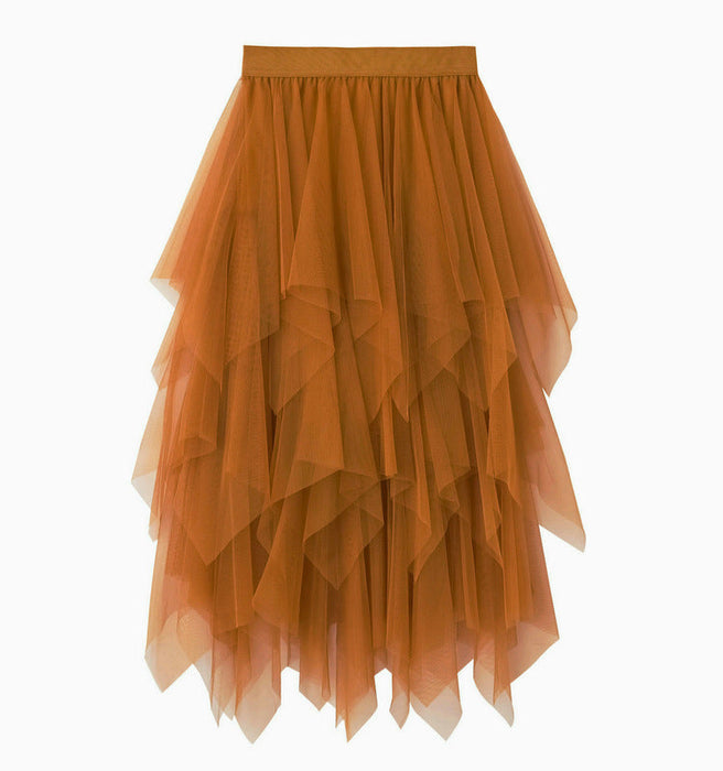 Color-Turmeric-Irregular Asymmetric Mesh Skirt Women Mid Length Spring Gauze Skirt High Waist All Matching Slimming Skirt-Fancey Boutique