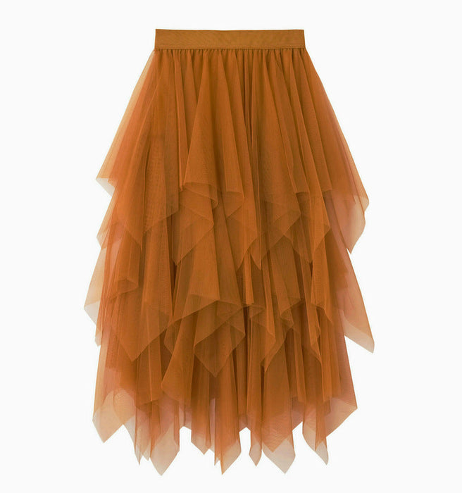 Color-Turmeric-Autumn Clothing High Waist Super Fairy Slimming Bud Irregular Asymmetric Mesh Skirt Women-Fancey Boutique