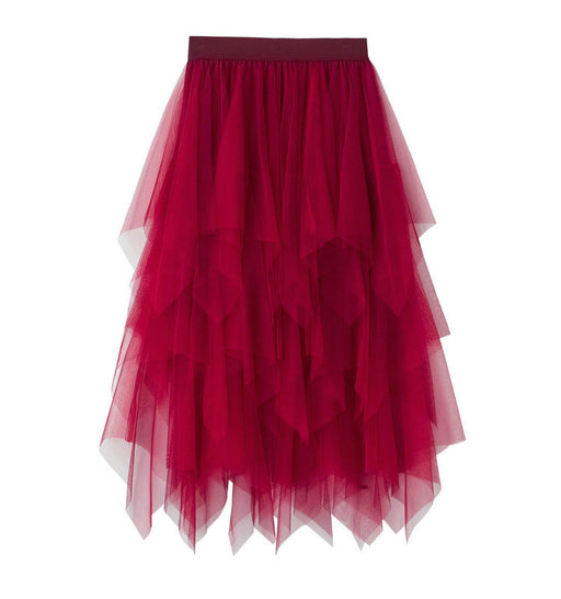 Color-Burgundy-Autumn Clothing High Waist Super Fairy Slimming Bud Irregular Asymmetric Mesh Skirt Women-Fancey Boutique