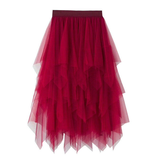 Color-Burgundy-Irregular Asymmetric Mesh Skirt Women Mid Length Spring Gauze Skirt High Waist All Matching Slimming Skirt-Fancey Boutique