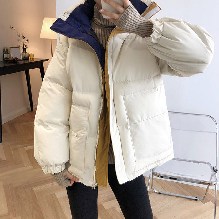 Color-Short Color Stitching Cotton-Padded Coat Female Winter Cotton Clothing Thickened Puffer Jacket Coat-Fancey Boutique