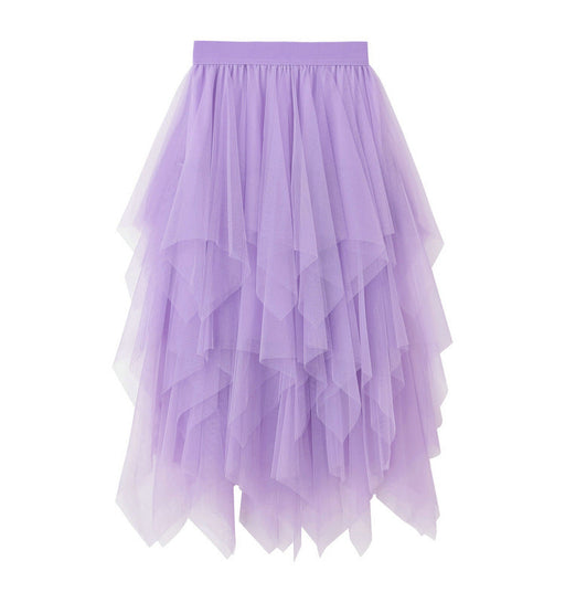 Color-Purple-Irregular Asymmetric Mesh Skirt Women Mid Length Spring Gauze Skirt High Waist All Matching Slimming Skirt-Fancey Boutique