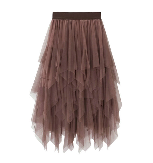 Color-Gold-Irregular Asymmetric Mesh Skirt Women Mid Length Spring Gauze Skirt High Waist All Matching Slimming Skirt-Fancey Boutique