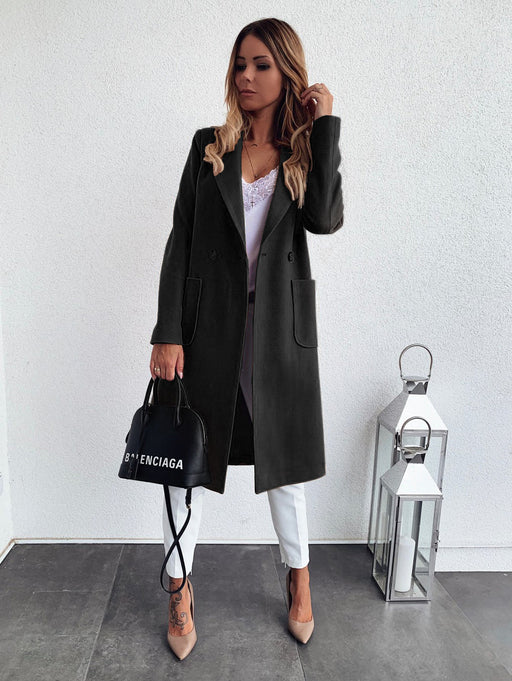 Color-Black-Popular Autumn Winter Solid Color Long Sleeve Double Pocket Collar Woolen Coat For Women Plus Size-Fancey Boutique