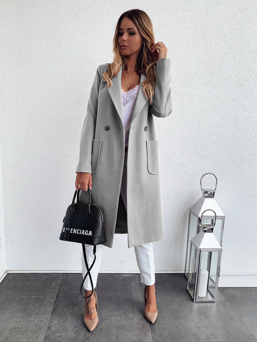 Color-Gray-Popular Autumn Winter Solid Color Long Sleeve Double Pocket Collar Woolen Coat For Women Plus Size-Fancey Boutique