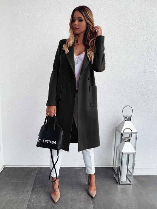 Color-Popular Autumn Winter Solid Color Long Sleeve Double Pocket Collar Woolen Coat For Women Plus Size-Fancey Boutique