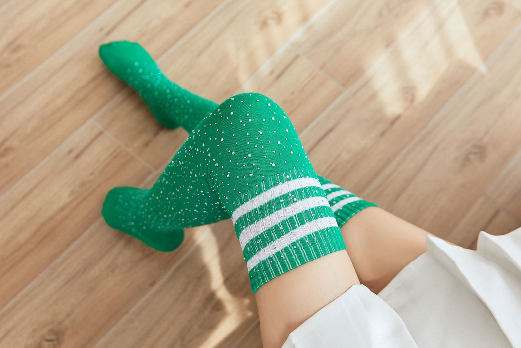 Color-Green Socks and White Stripes-Sexy Rhinestone Knee Socks Striped Women Stockings Rhinestone Socks High-Top Cotton Socks-Fancey Boutique