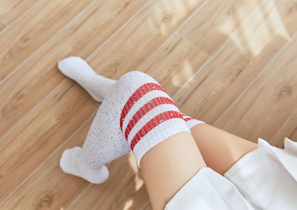 Color-White Socks Red Stripes-Sexy Rhinestone Knee Socks Striped Women Stockings Rhinestone Socks High-Top Cotton Socks-Fancey Boutique