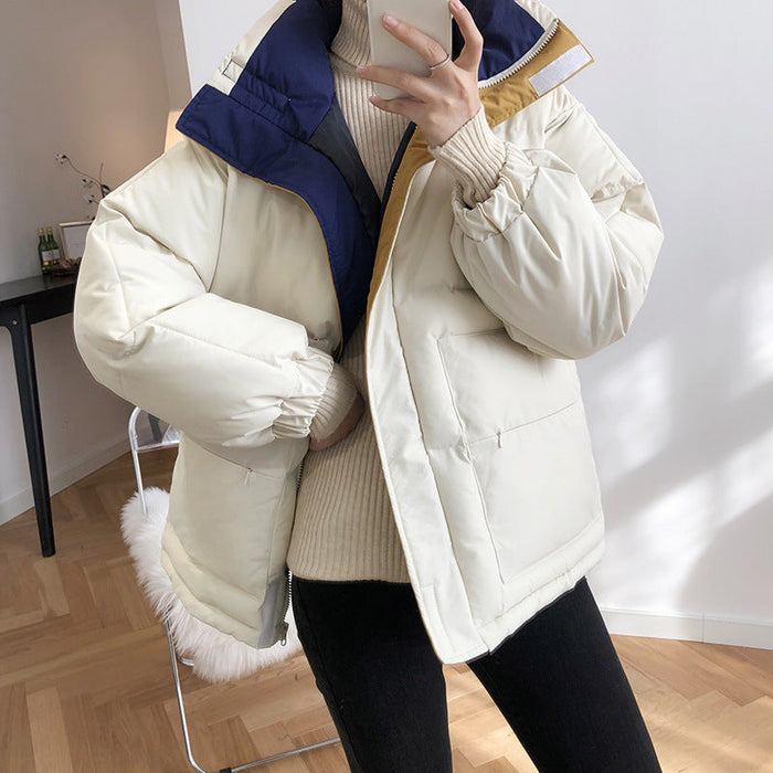 Color-Short Color Stitching Cotton-Padded Coat Female Winter Cotton Clothing Thickened Puffer Jacket Coat-Fancey Boutique