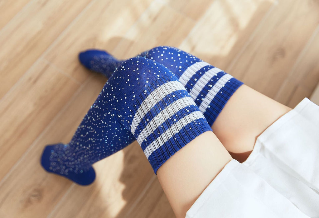 Color-Blue Socks and White Stripes-Sexy Rhinestone Knee Socks Striped Women Stockings Rhinestone Socks High-Top Cotton Socks-Fancey Boutique