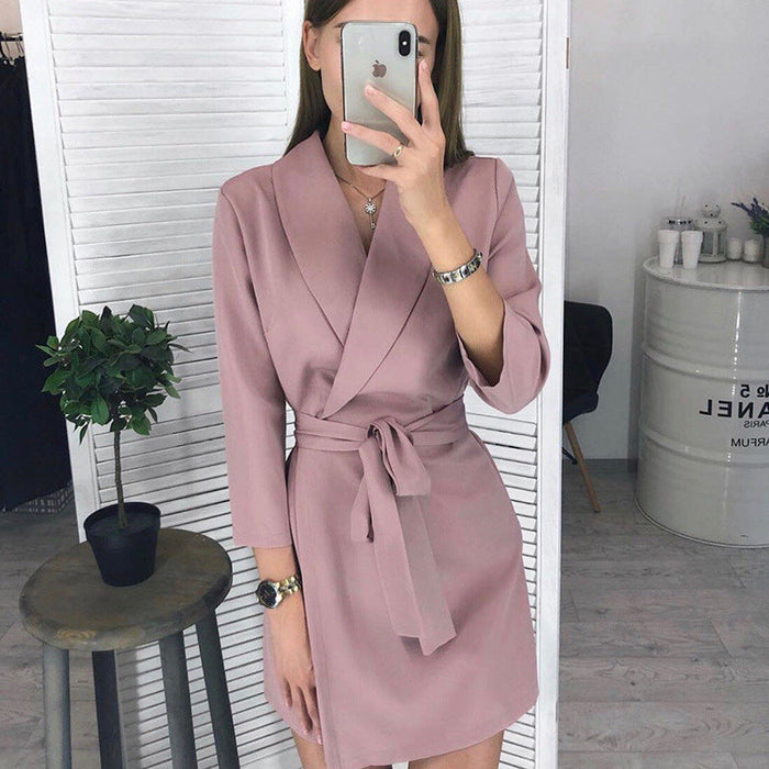 Color-Spring Summer Autumn Women Three-quarter Sleeve Solid Color Polo Collar Suit Belt Elegant Dress For Women-Fancey Boutique