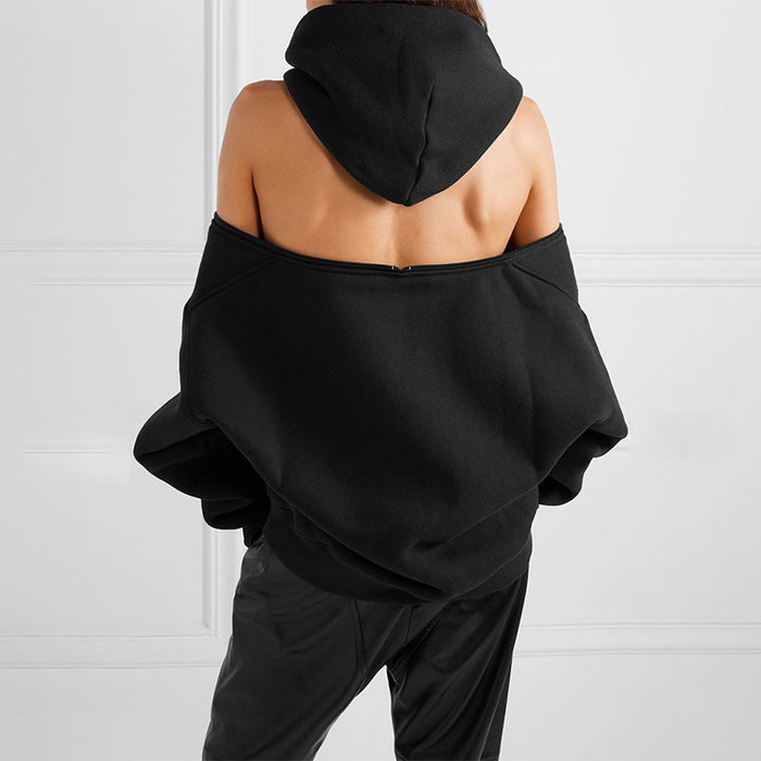 Color-Spring Baggy Zipper Off Shoulder Top Hooded Thickened Women-Fancey Boutique