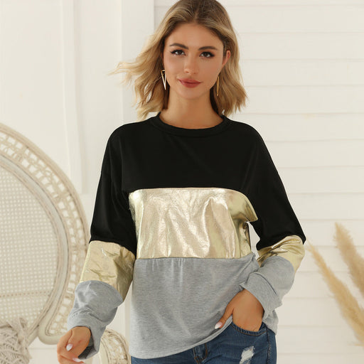 Color-Multi-Women T-shirt Bottoming Shirt Trendy Women Autumn Spring Long Sleeve Stitching Golden Edge Color Block Top-Fancey Boutique