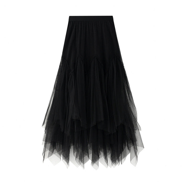 Color-Black-Skirt Autumn Winter Women Mid-Length A line Skirt Tulle Tutu Skirt Long Skirt Mesh Fresh Irregular Asymmetric Pleated Skirt-Fancey Boutique