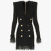Color-Black-Bright Silk Woolen Tassel Double Breasted V neck Long-Sleeved Slim Fit Short Dress Coat-Fancey Boutique