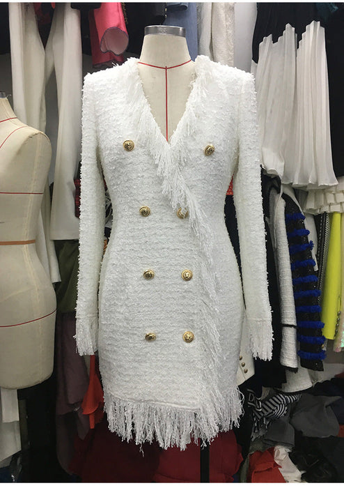 Color-White-Bright Silk Woolen Tassel Double Breasted V neck Long-Sleeved Slim Fit Short Dress Coat-Fancey Boutique